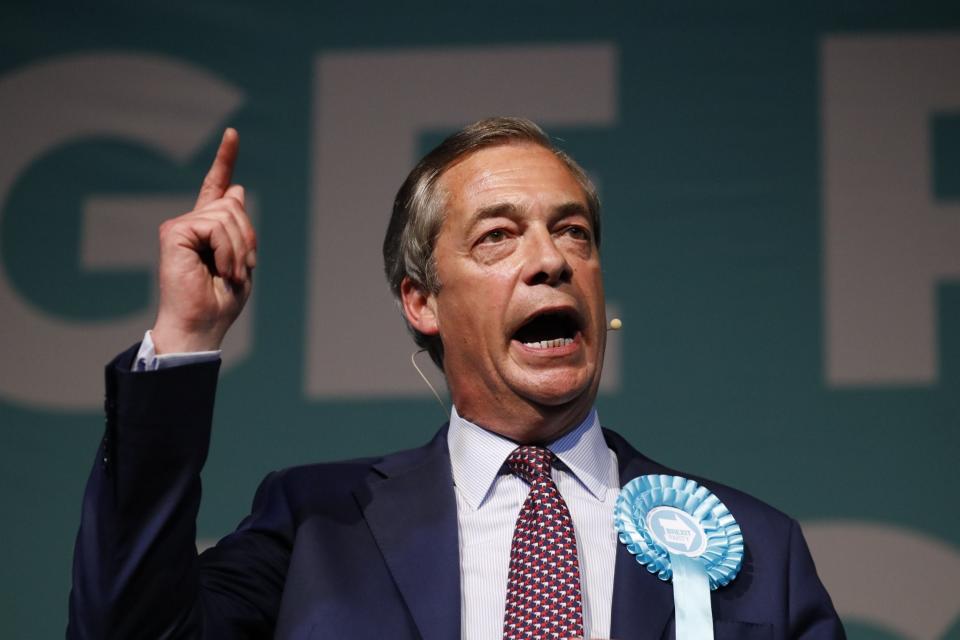 Brexit Party leader Nigel Farage addresses a European Parliament election campaign rally at Olympia LondonAFP/Getty Images