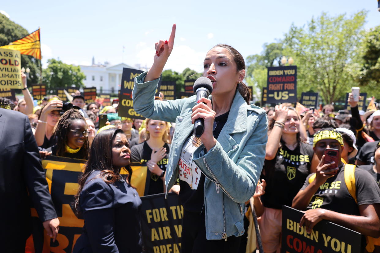 U.S. Representatives Alexandria Ocasio-Cortez (D-NY) and Cori Bush (D-MO) participate in a 