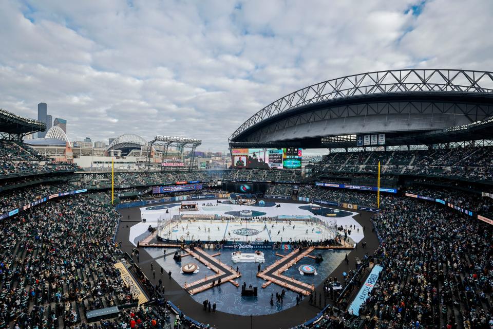 General view of T-Mobile Park during pregame warmups between the Vegas Golden Knights and Seattle Kraken in the 2024 Winter Classic ice hockey game.