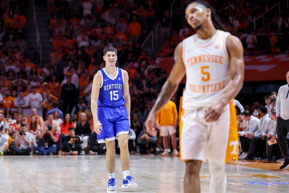 Kentucky guard Reed Sheppard smiles after hitting one of his seven 3-pointers in the Wildcats’ victory at Tennessee on Saturday.