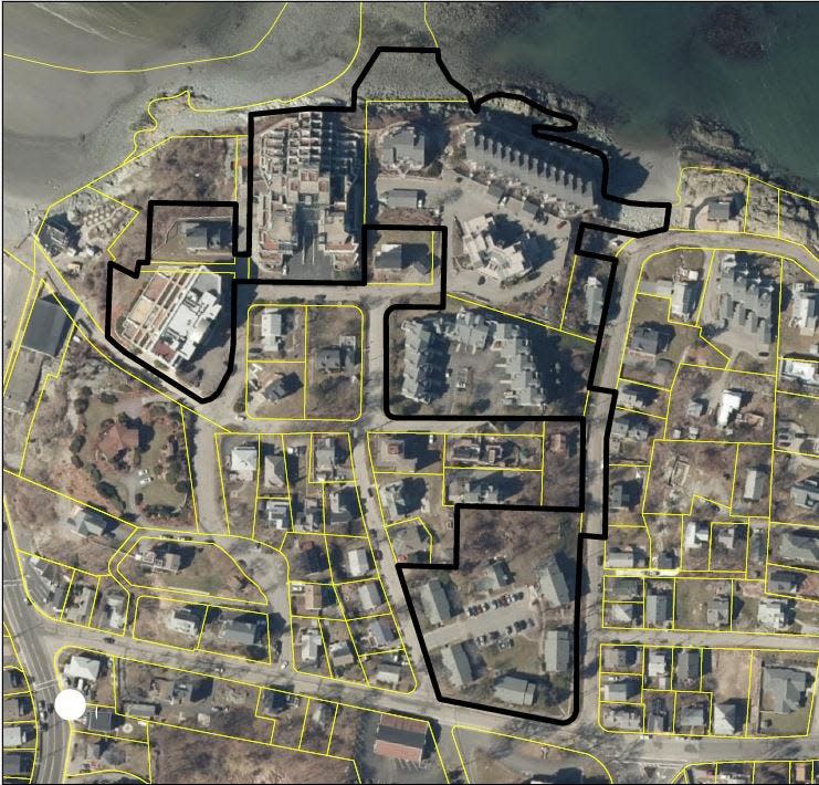 The third MBTA multifamily housing zoning overlay district proposed by Hull, outlined here in black, is a hook-shaped collection of parcels northwest of the corner of Atlantic and Valley Beach avenues that include Atlantic Hill Condominium II and The Oceania Residences.