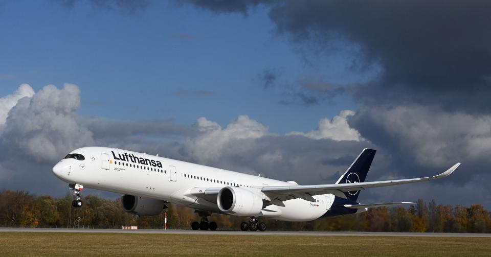 A Lufthansa Airbus A350 airplane taking off.