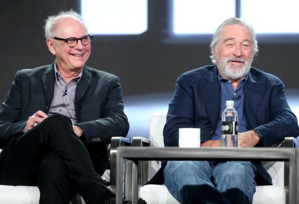 Executive producer/director Barry Levinson (L) and executive producer/actor Robert De Niro of the film 'The Wizard of Lies' speak onstage during the HBO portion of the 2017 Winter Television Critics Association Press Tour at the Langham Hotel on January 14, 2017 in Pasadena, California.