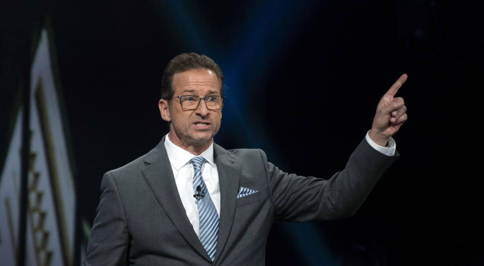 Bloc Quebecois leader Yves-Francois Blanchet takes part in the the Federal leaders French-language debate in Gatineau, Quebec, on Thursday, Oct. 10, 2019. (Adrian Wyld/The Canadian Press via AP)