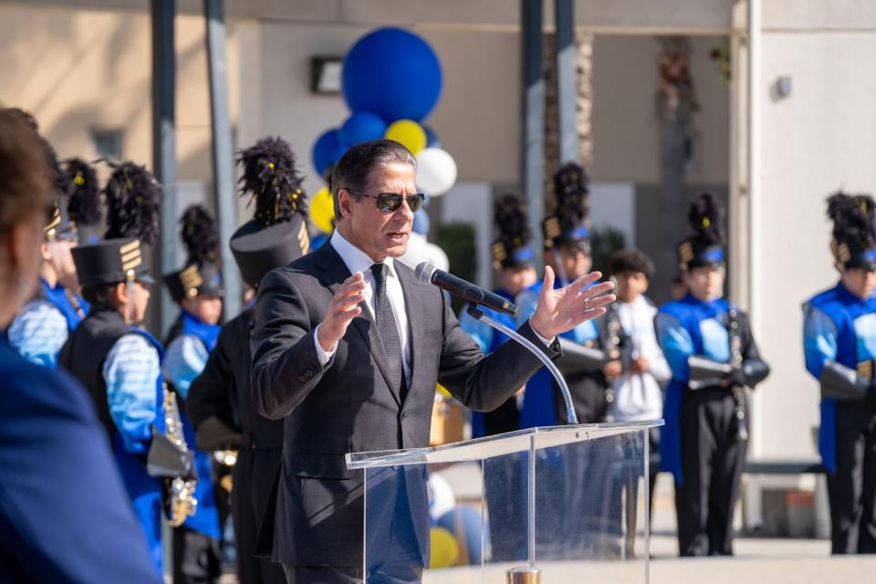 LAUSD Superintendent Alberto Carvalho announcing the new food truck program with students at Maywood Academy (Jinge Li/The 74)