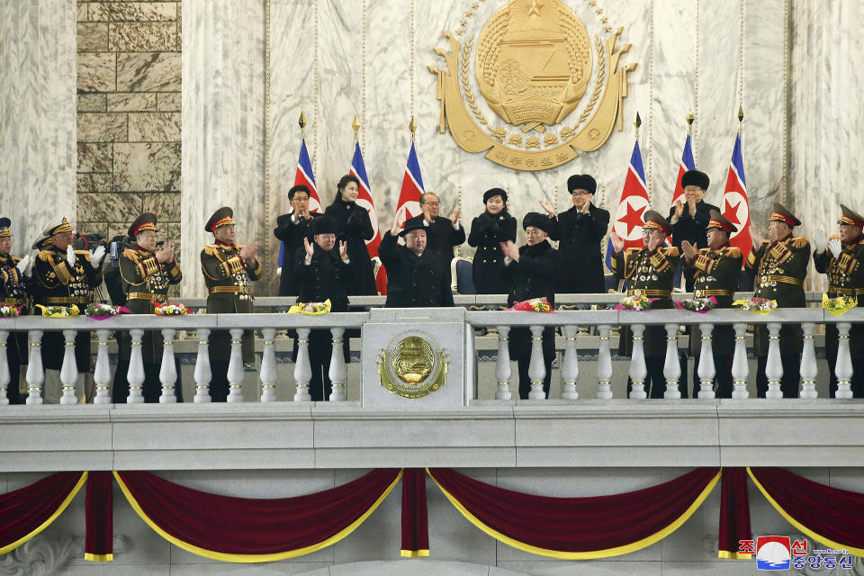 In this photo provided by the North Korean government, North Korean leader Kim Jong Un, center, with his daughter, rear center, and his wife Ri Sol Ju attend a military parade to mark the 75th founding anniversary of the Korean People’s Army on Kim Il Sung Square in Pyongyang, North Korea Wednesday, Feb. 8, 2023. Independent journalists were not given access to cover the event depicted in this image distributed by the North Korean government. The content of this image is as provided and cannot be independently verified. Korean language watermark on image as provided by source reads: "KCNA" which is the abbreviation for Korean Central News Agency. (Korean Central News Agency/Korea News Service via AP)