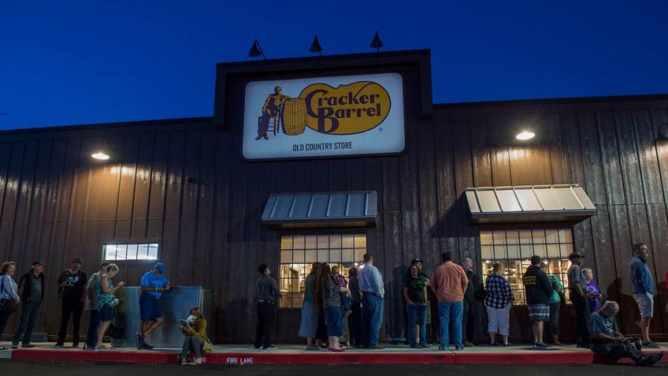 Customers wait in line for for the grand opening of Cracker Barrel in Arden Arcade in 2018.