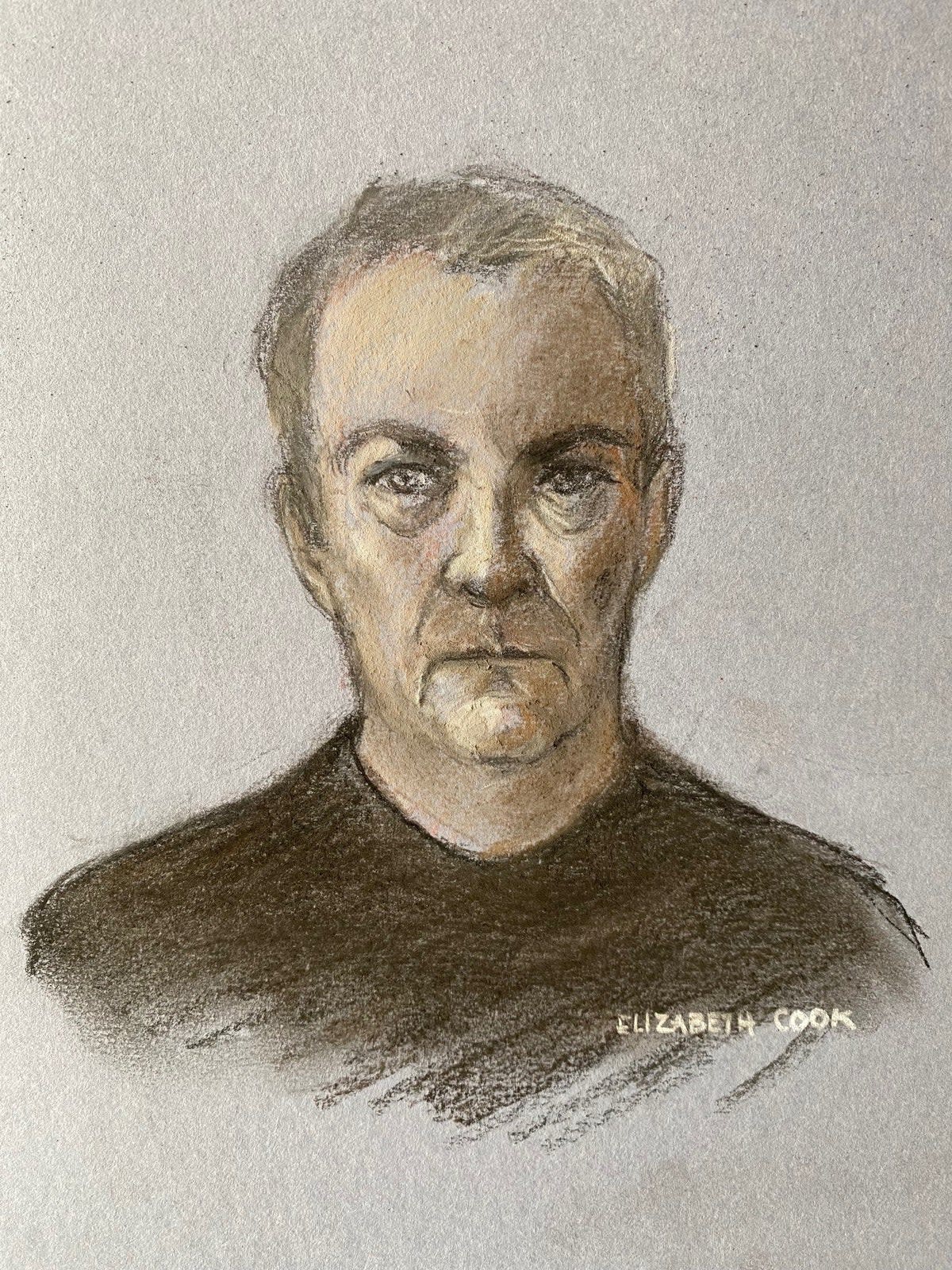 Court artist sketch by Elizabeth Cook of Stephen Tompkinson appearing at Newcastle Crown Court (PA)