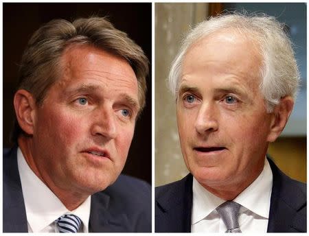 FILE PHOTO: A combination photo of Republican Senators Jeff Flake (L) of Arizona and Bob Corker of Tennessee are shown in Washington, U.S., on March 31, 2017 and October 24, 2017. REUTERS/Joshua Roberts/File Photos