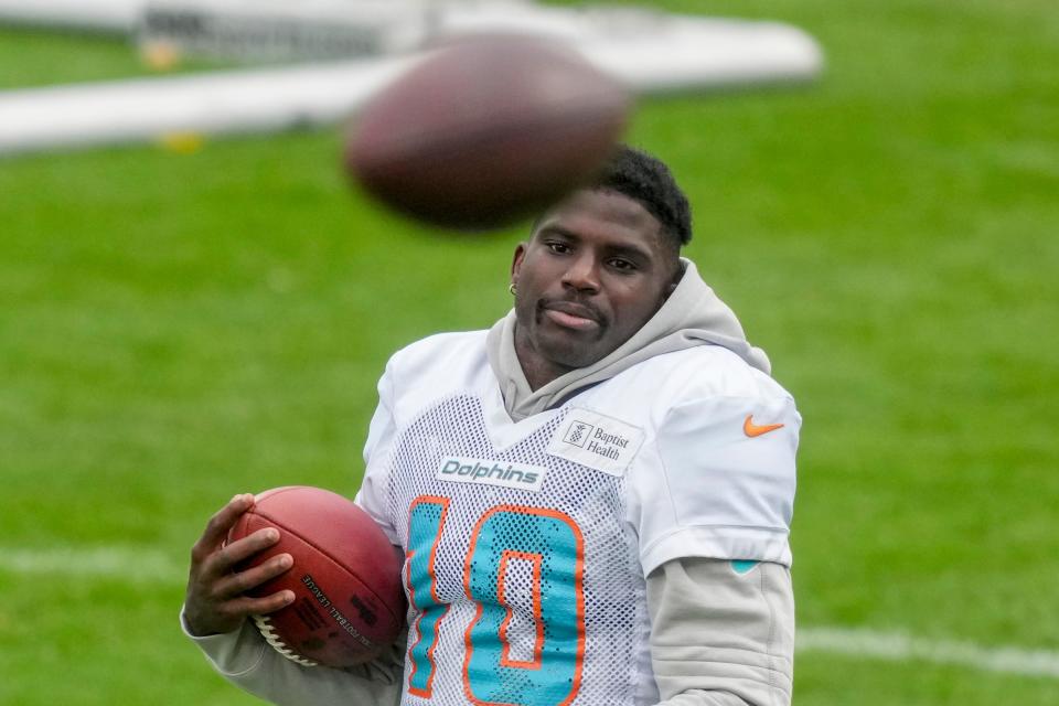 Miami Dolphins wide receiver Tyreek Hill attends a practice session in Frankfurt, Germany, Thursday, Nov. 2, 2023. The Miami Dolphins are set to play the Kansas City Chiefs in an NFL game in Frankfurt on Sunday Nov. 5, 2023. (AP Photo/Michael Probst)