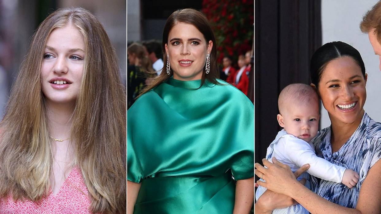 Split image of Princess Leonor, Princess Eugenie and Meghan Markle holding Prince Archie