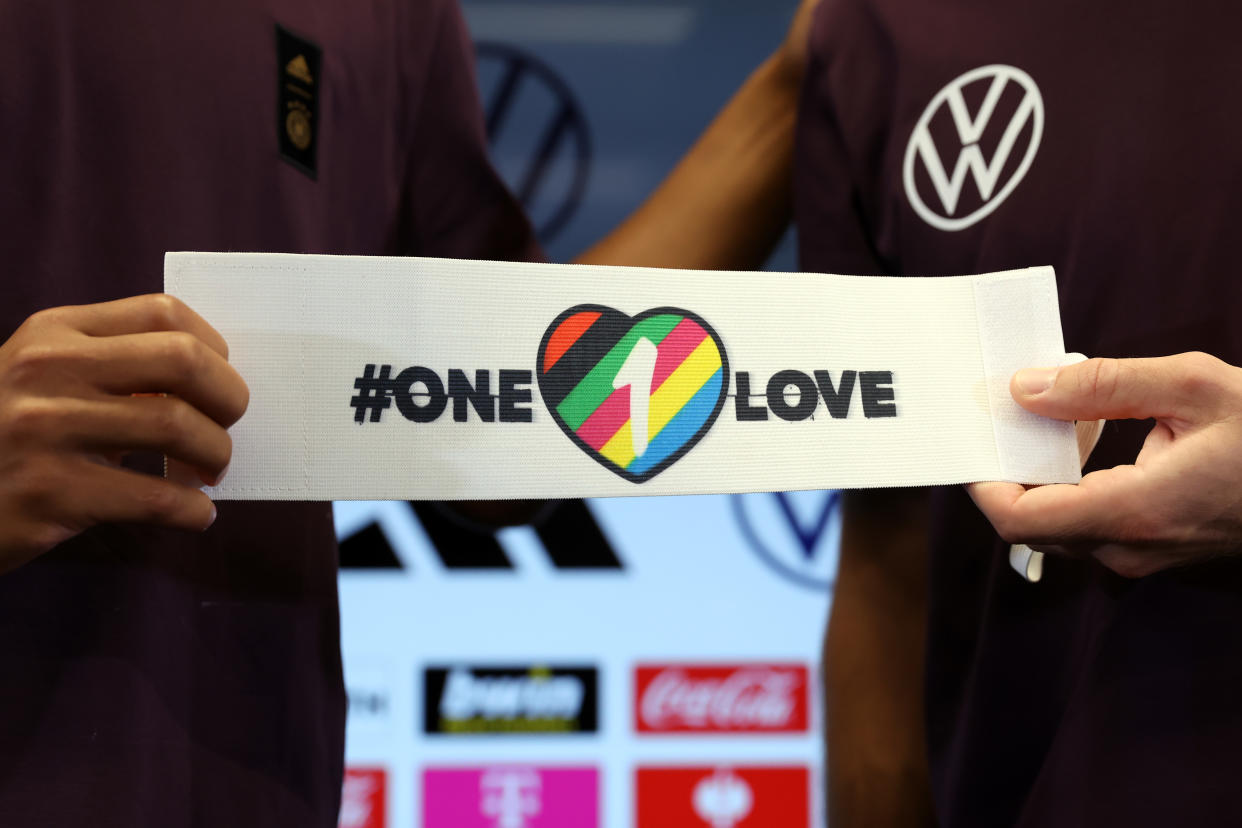 FRANKFURT AM MAIN, GERMANY - SEPTEMBER 21: Thilo Kehrer and Jonas Hofmann pose with the team's captain's armband for the FIFA World Cup Qatar 2022 during a Germany press conference at DFB-Campus on September 21, 2022 in Frankfurt am Main, Germany. (Photo by Alex Grimm/Getty Images)