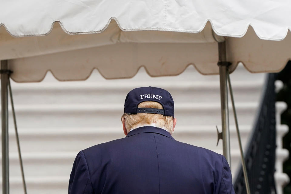 U.S. President Donald Trump departs after speaking to the media about Hurricane Dorian as he returns from Camp David to the White House in Washington, U.S., September 1, 2019.      REUTERS/Joshua Roberts