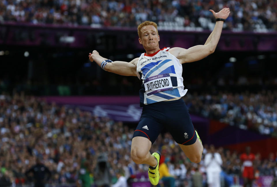 Britain's Greg Rutherford competes in the men's long jump final at the London 2012 Olympic Games at the Olympic Stadium August 4, 2012. REUTERS/Phil Noble (BRITAIN - Tags: SPORT ATHLETICS OLYMPICS) 