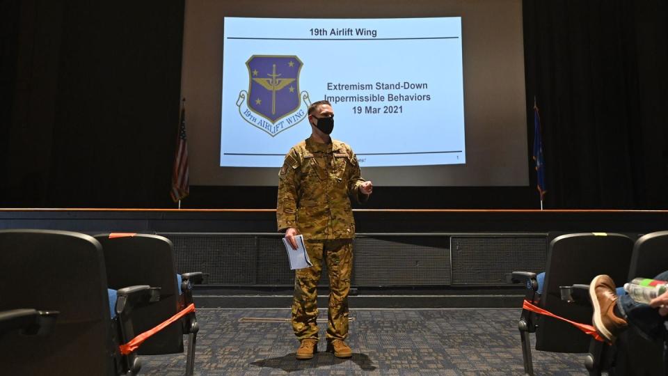 Lt. Col. Ryan Polcar, 19th Airlift Wing director of staff, speaks during the Extremism Stand-Down Day at Little Rock Air Force Base, Arkansas. (Tech. Sgt. Dana J. Cable/Air Force)