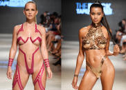 <p>Das Label The Black Tape Project verzichtet auf klassische Bikinis sowie Badeanzüge und setzt auf Tape statt auf Stoff. Die gewagten und freizügigen Klebe-Designs sind allerdings nur für mutige Frauen – denn knapper geht es eigentlich nur nackt. (Bild: Getty Images) </p>