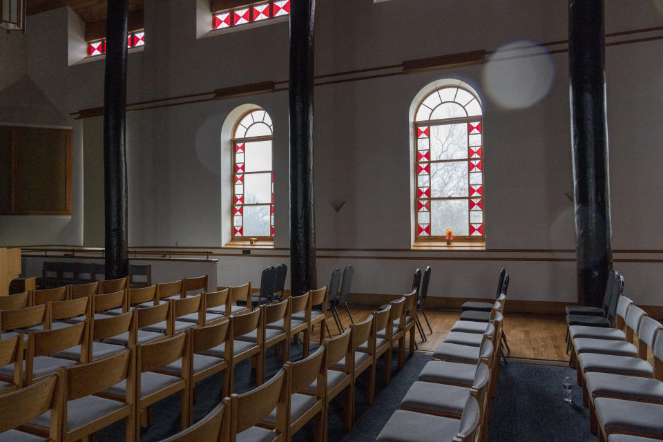 The Memorial Chapel sits empty at Bacone College, on Jan. 8 2024, in Muskogee, Okla. Founded in 1880 as a Baptist missionary college focused on assimilation, Bacone College transformed into an Indigenous-led institution that provided an intertribal community, as well as a degree. (AP Photo/Nick Oxford)