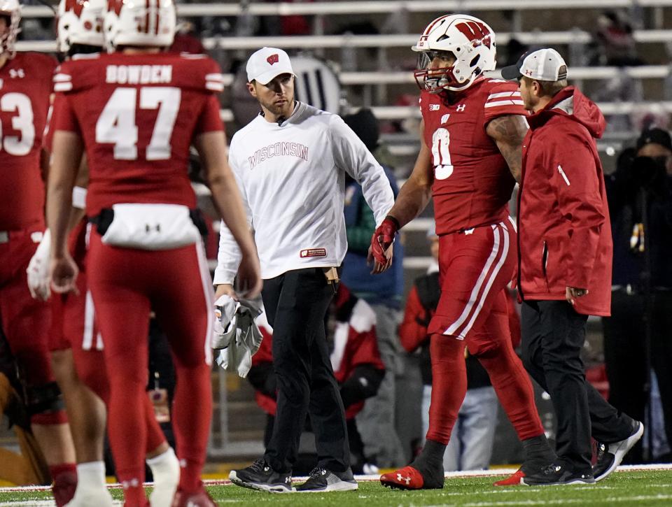 Wisconsin running back Braelon Allen (0) leaves the field after being injured during the second quarter of their game against Ohio State Saturday, October 28, 2023 at Camp Randall Stadium in Madison, Wisconsin.