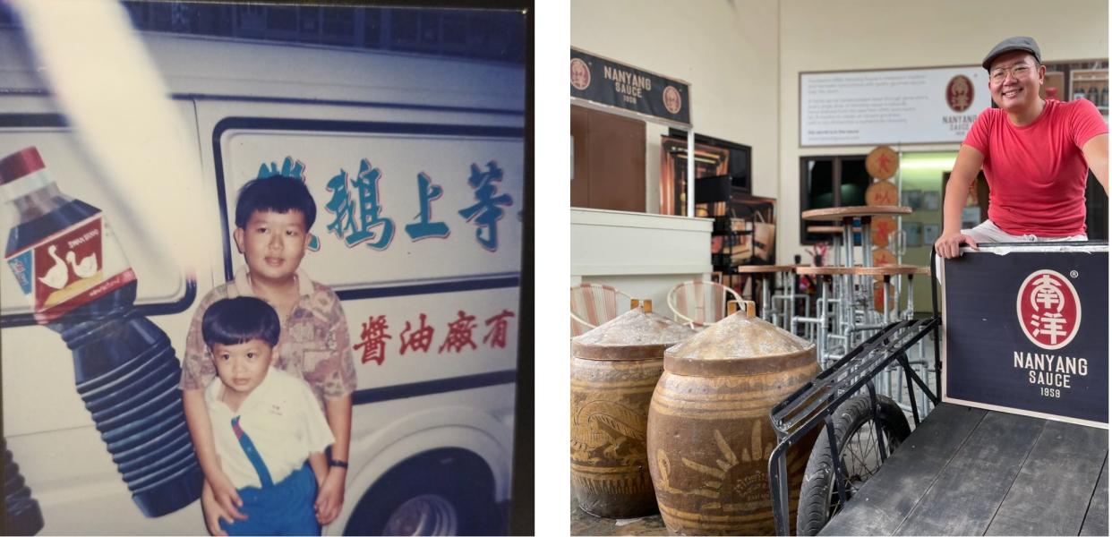 Ken Koh with his younger brother in 1995 (L), and at the present-day Nanyang Sauce factory in Taman Jurong.(PHOTO: Ken Koh and Nicholas Yong/Yahoo News Singapore)