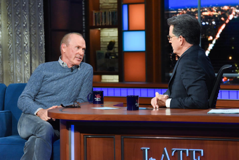 NEW YORK - OCTOBER 5: The Late Show with Stephen Colbert and guest Michael Keaton during Tuesday's October 5, 2021 show. (Photo by Scott Kowalchyk/CBS via Getty Images)