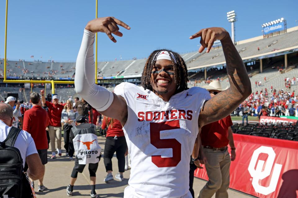 OU wide receiver Andrel Anthony celebrates after the Sooners beat Texas 34-30 on Oct. 7 at the Cotton Bowl in Dallas.