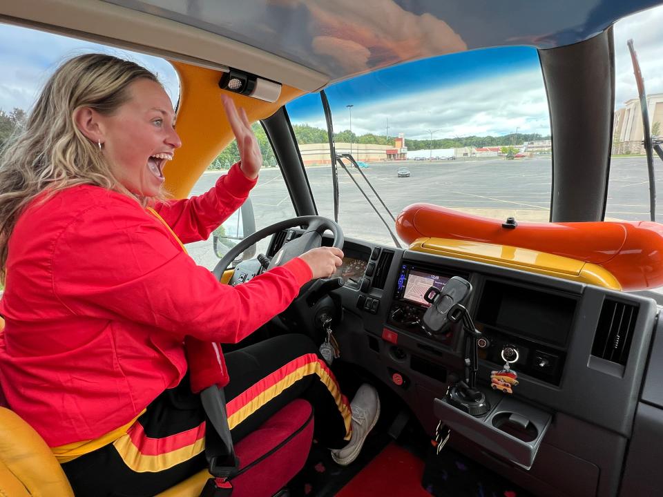 Anna Murphy-Pociask, on the marketing team at Oscar Mayer, drives the Frankmobile in a parking lot in the Youngstown area on Wednesday afternoon. The unique vehicle will be in downtown Canton on Friday.
