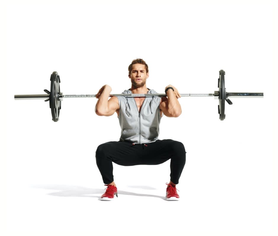 <p>Courtesy Image</p><p><strong>Set</strong>: 5 </p><p><strong>Reps</strong>: 5, working up to the heaviest weight you can handle with great form </p><p>Stand with feet hip-distance apart, holding barbell across collarbone. Place your fingertips under the barbell just outside shoulders, elbows pointing up. Lower into a squat until thighs are parallel with the floor. Push up to return to standing position.</p>