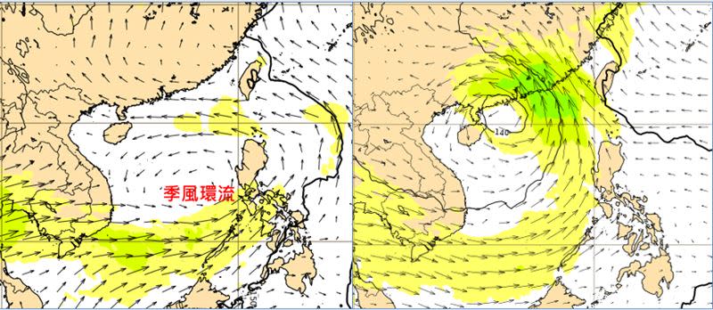 3日20時歐洲模式850百帕風場模擬圖顯示，7日20時南海又有「季風環流」逐漸成形(左圖)；10日20時「熱帶擾動」已在廣東海面(右圖)。