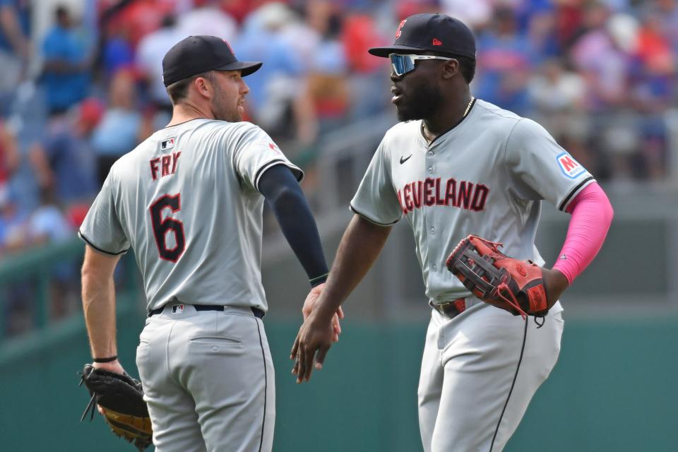 Jul 28, 2024; Philadelphia, Pennsylvania, USA; Cleveland Guardians catcher David Fry (6) and outfielder Jhonkensy Noel (43) celebrate win against the Philadelphia Phillies at Citizens Bank Park. Mandatory Credit: Eric Hartline-USA TODAY Sports