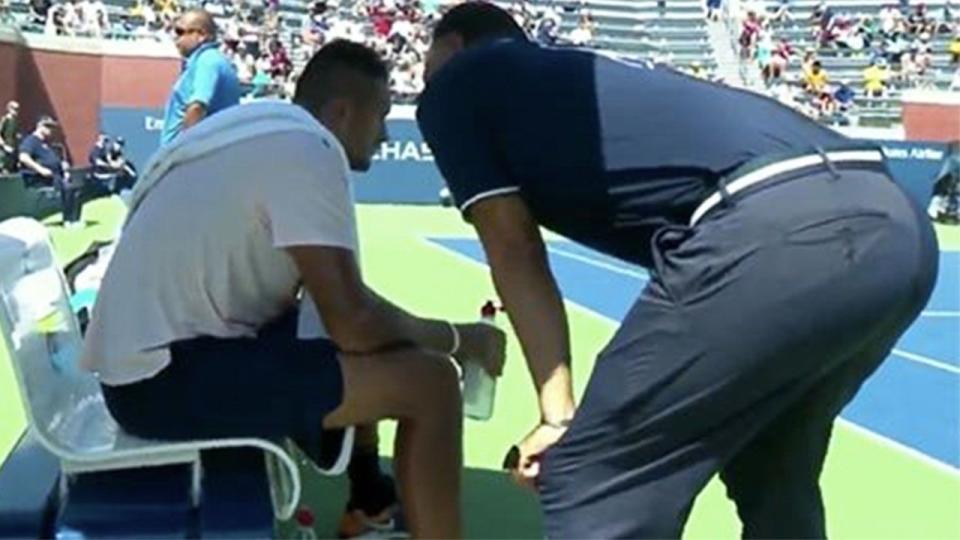 Nick Kyrgios received a mid-match pep talk from Mohamed Lahyani. Pic: ESPN