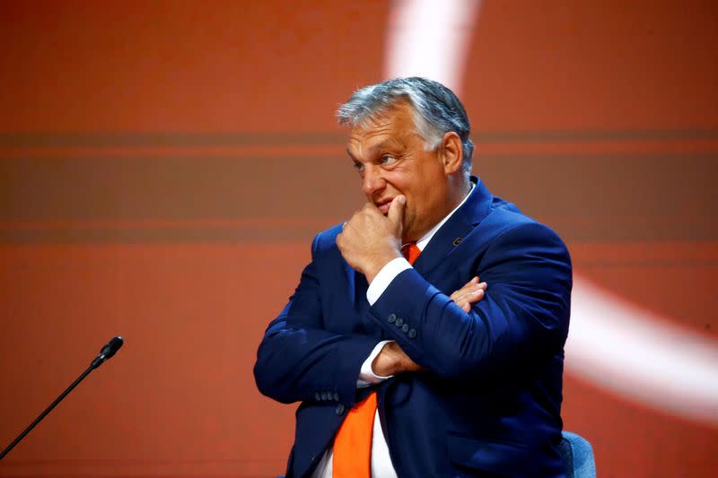 FILE PHOTO: Hungarian Prime Minister Viktor Orban reacts at Bled Strategic Forum, in Bled
