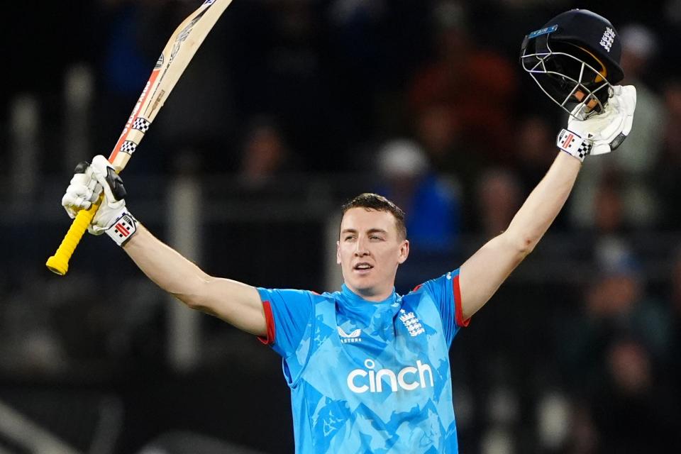 Harry Brook celebrates his century against Australia (Owen Humphreys/PA)