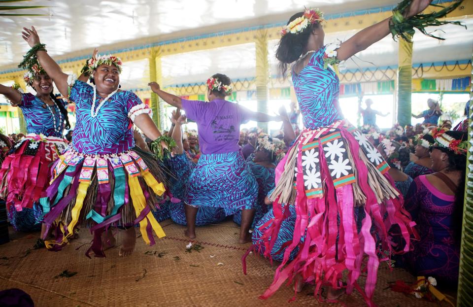 Dancers perform at a traditional community celebration on November 25, 2019 in Funafuti, Tuvalu.