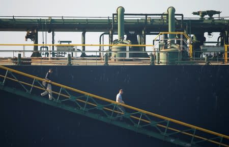 Iranian oil tanker Grace 1 sits anchored after it was seized in July by British Royal Marines off the coast of the British Mediterranean territory, in the Strait of Gibraltar