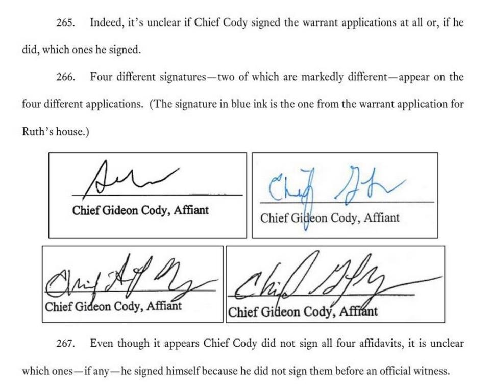 A screenshot of a lawsuit filed by Ruth Herbel against several Marion officials that shows four different signatures on warrants purported signed by former Marion Police Chief Gideon Cody.  