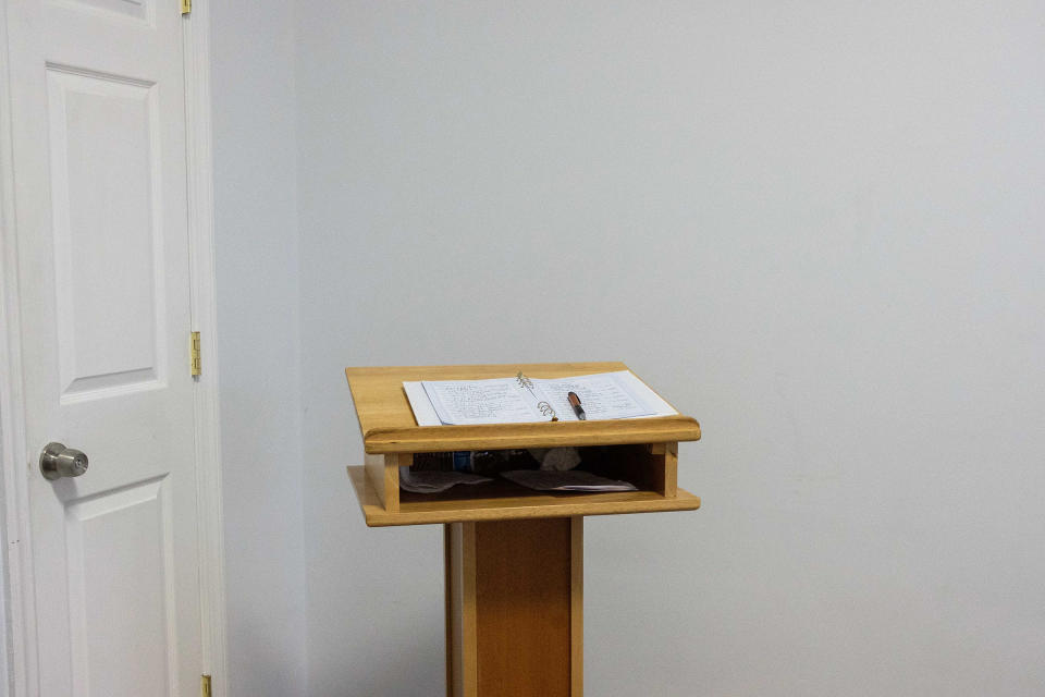 A signature book is placed outside of the cathedral of Judea United Baptist Church during the wake.<span class="copyright">Yuki Iwamura</span>