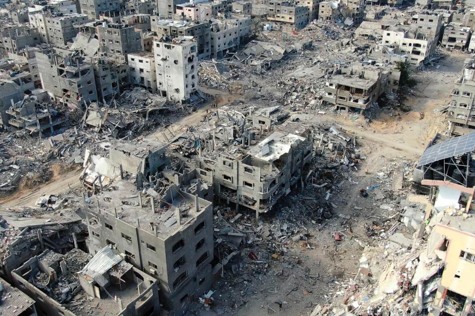 PHOTO: An aerial view, Dec. 26, 2023, shows destroyed buildings in Beit Lahia following Israeli bombardments in the northern Gaza Strip, amid ongoing battles between Israel and the Palestinian militant group Hamas. (AFP via Getty Images)