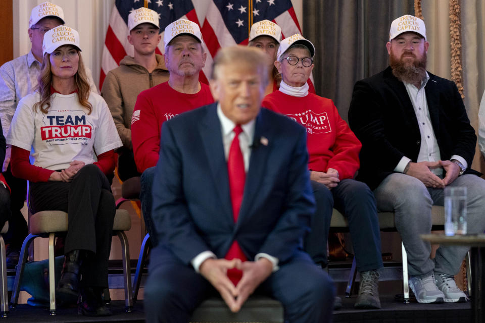 Republican presidential candidate former President Donald Trump participates in a virtual rally at Hotel Fort Des Moines in Des Moines, Iowa, Saturday, Jan. 13, 2024. (AP Photo/Andrew Harnik)