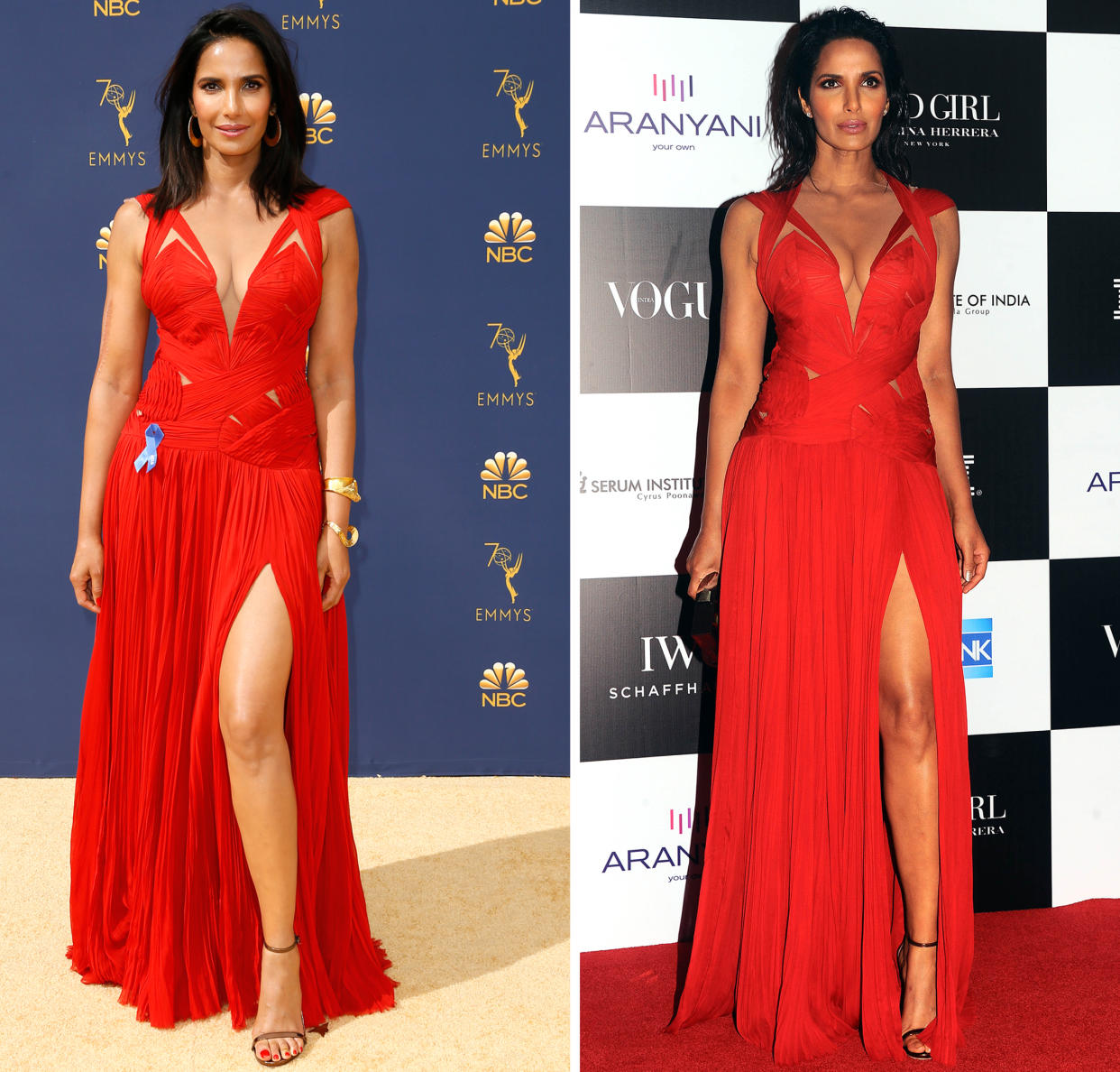 Padma Lakshmi in ihrer roten Mendel-Robe. Links: Bei der 70. Emmy-Verleihung am Montag. Rechts: Bei einer „Vogue“-Veranstaltung im Oktober 2017. (Bild: AP Photo, Getty Images)