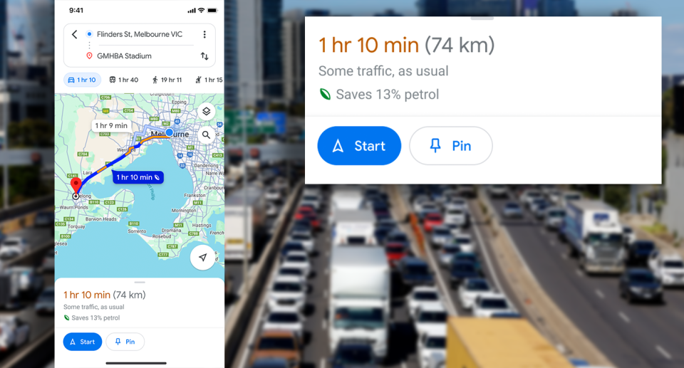 A screenshot of the  Google Maps option showing drivers the percentage of fuel they can save by switching routes. Source: AAP/Google Maps