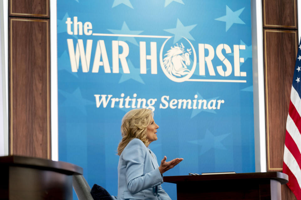 First lady Jill Biden speaks during a virtual writing seminar for gold star children and siblings hosted by The War Horse as part of her "Joining Forces" initiative, in the South Court Auditorium in the Eisenhower Executive Office Building on the White House Campus, Tuesday, May 9, 2023, in Washington. (AP Photo/Andrew Harnik)
