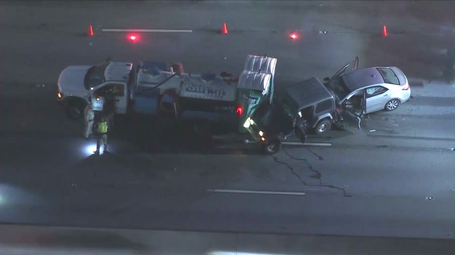 Authorities investigate after a crash kills a Los Angeles Fire Department recruit on the 101 Freeway in Studio City on April 15, 2024. (KTLA)