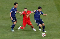 <p>Belgium’s Eden Hazard in action with Japan’s Makoto Hasebe and Gaku Shibasaki REUTERS/Murad Sezer </p>