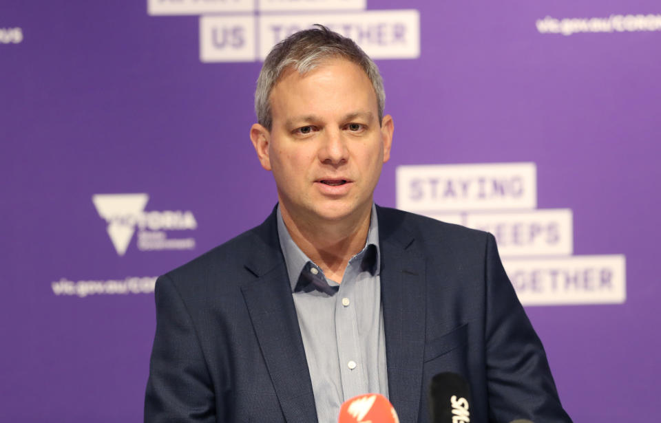 Professor Brett Sutton, Victoria's Chief Health Officer addresses the media during a press conference in Melbourne, Sunday, June 28, 2020. Premier Andrews is commenting on the latest Coronavirus figures which have been on the rise in Victoria. (AAP Image/David Crosling) NO ARCHIVING