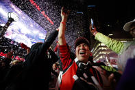 TORONTO, ON - JUNE 13: Toronto Raptors fans cheer after the team beat the Golden State Warriors in Game Six of the NBA Finals, during a viewing party in Jurassic Park outside of Scotiabank Arena on June 13, 2019 in Toronto, Canada. (Photo by Cole Burston/Getty Images)