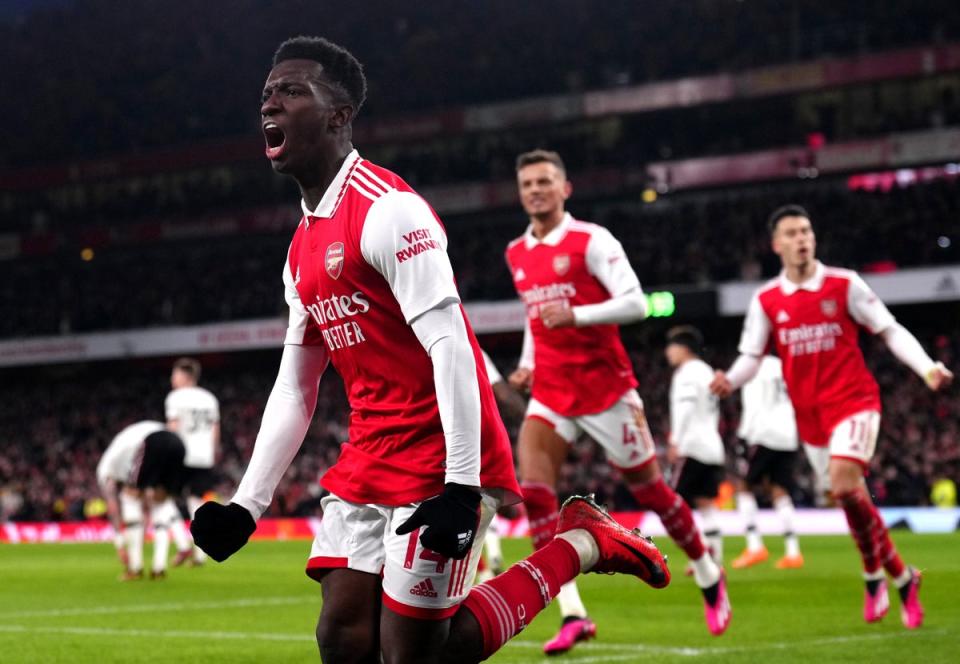 Arsenal's Eddie Nketiah celebrates scoring their side's first goal of the game during the Premier League match at the Emirates Stadium, London. (PA)