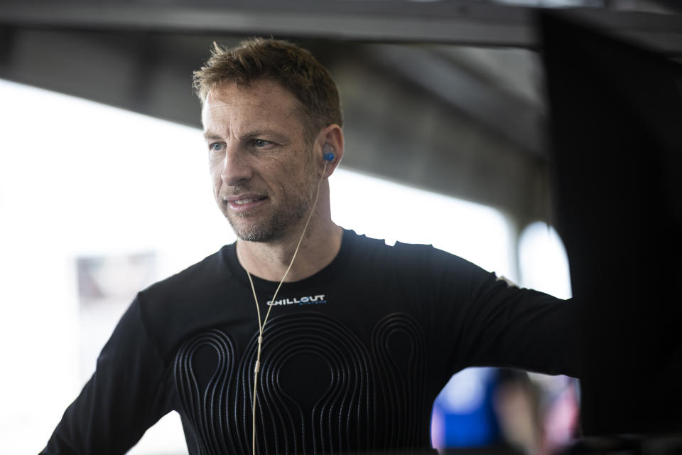 DAYTONA BEACH, FLORIDA - JANUARY 31: Jenson Button looks on in the garage area during the NASCAR Garage 56 Test at Daytona International Speedway on January 31, 2023 in Daytona Beach, Florida. (Photo by James Gilbert/Getty Images)