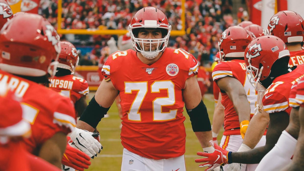 Kansas City Chiefs offensive tackle Eric Fisher (72) runs onto the field before an NFL football game against the Los Angeles Chargers, in Kansas City, MoChargers Chiefs Football, Kansas City, USA - 29 Dec 2019.