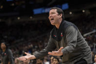Ohio State head coach Kevin McGuff reacts during the first half of a Sweet 16 college basketball game of the NCAA tournament against UConn, Saturday, March 25, 2023, in Seattle. (AP Photo/Stephen Brashear)
