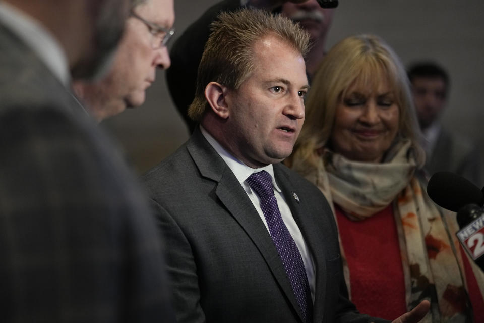 Rep. William Lamberth, R-Portland, responds to questions during a news conference Thursday, Jan. 25, 2024, in Nashville, Tenn. (AP Photo/George Walker IV)